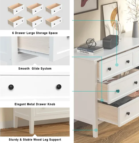 Miniatura 5 de CARPETNAL Cómoda negra de 9 cajones para dormitorio con cajones profundos, cómodas grandes y cómoda con manijas doradas, cómodas largas modernas