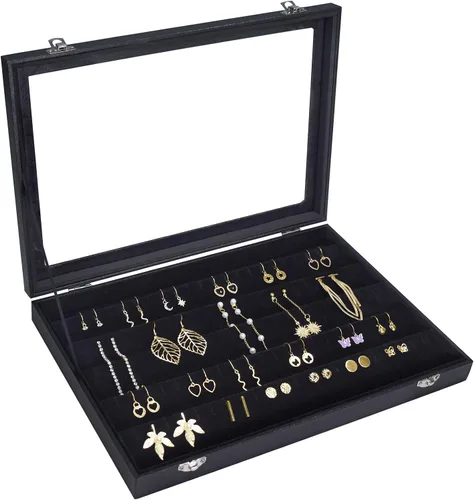 Bandeja organizadora de aretes, bandeja de joyería con tapa, caja de almacenamiento de aretes y estuche de exhibición de joyas, mantén tus aretes
