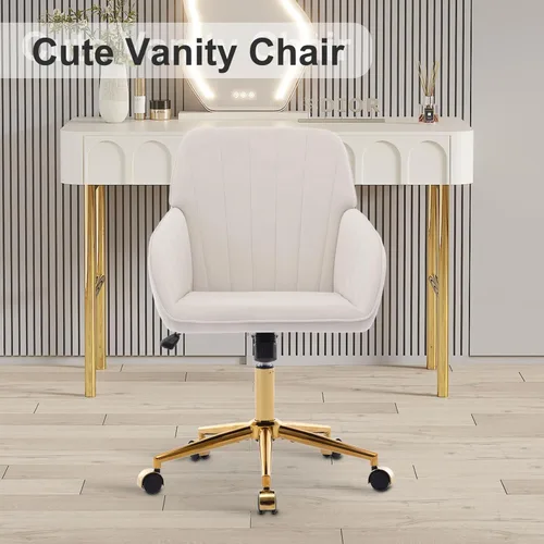 Miniatura 4 de Silla de tocador de terciopelo con ruedas, silla giratoria de maquillaje de altura ajustable, silla de escritorio pequeña sin brazos para Blanco-2