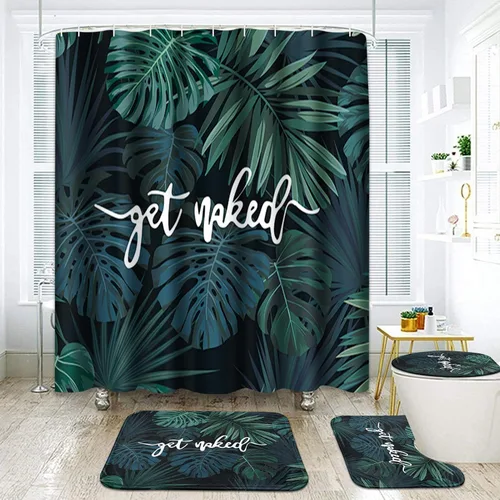 Arttown Juego de baño verde con cortina de ducha y alfombras y accesorios, Palm Tree Beach Tropical Get Naked, decoración de baño verde, 4 piezas