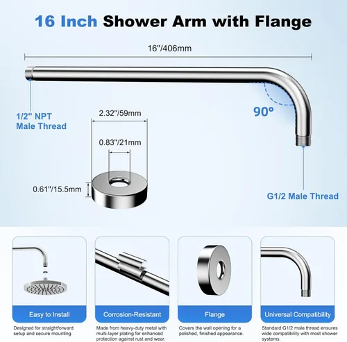 Miniatura 3 de Hibbent Brazo de extensión de ducha de metal de 16 pulgadas, brazo de ducha extra largo de acero inoxidable con brida, extensor de cabezal de ducha