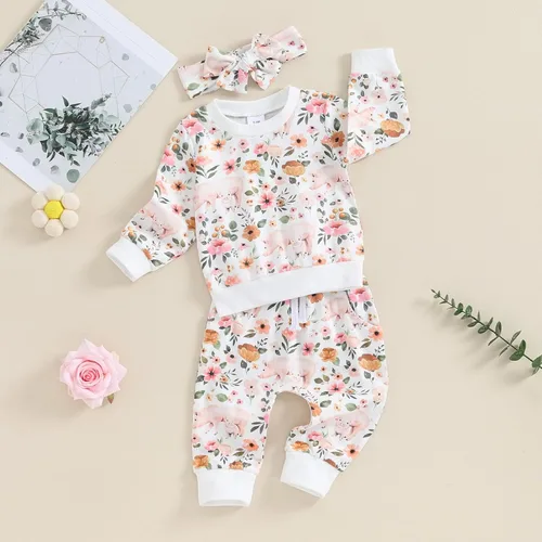 Miniatura 22 de Mandizy Conjunto de ropa de bebé niña otoño 3 6 9 12 18 24 meses sudadera de manga larga y pantalones con estampado floral y diadema