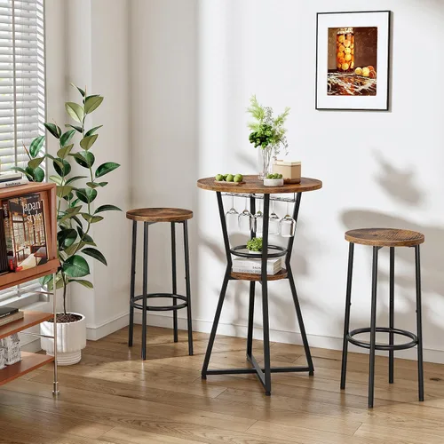 Miniatura 3 de HOOBRO Mesa redonda de bar, mesa de bar de 2 niveles con soporte para copas de vino, mesa de cóctel industrial, para espacios pequeños, taberna