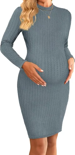 Ekouaer Womens Maternity Sweater Dress Mock Turtleneck Pregnancy Dress Rib Knit Stretchy Bodycon Baby Shower Dress