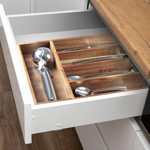Miniatura 6 de KITEISCAT Organizador de cubiertos de madera de acacia, organizador de cajones de utensilios de cocina para tenedores, cuchillos y cucharas, bandeja
