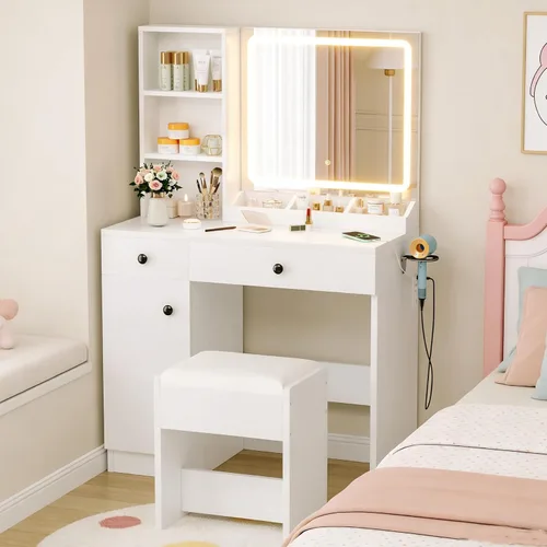 YIKEHOME Escritorio pequeño con espejo y luces, juego de tocador para niña con luz y taburete de 3 colores, mesa de maquillaje con cajones y armario
