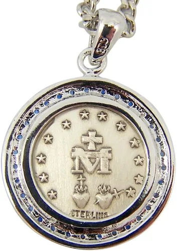 Miniatura 2 de Plata de ley Ronda medalla milagrosa colgante con vidrio Accent Frontera, 34inch