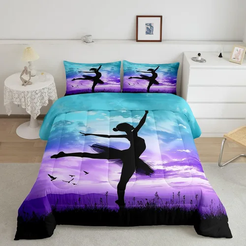 Miniatura 10 de Erosebridal Juego de edredón para niñas de baile, tamaño individual, juego de ropa de cama de ballet con purpurina para niños, adolescentes