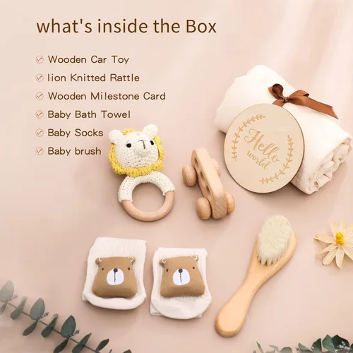 Miniatura 2 de Cesta de regalo para bebé recién nacido, regalos de ducha para bebés niños y niñas con sonajero de león de madera, juego de baño básico de 6 piezas