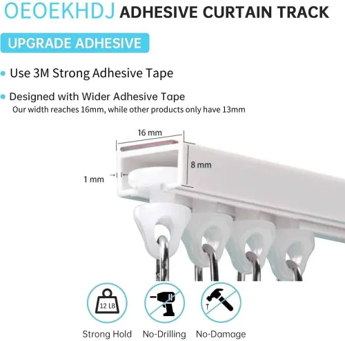 Miniatura 2 de Riel de Cortina Autoadhesivo para Techo o Pared Sin Taladro, Barra de Cortina 8FT/96 Pulgadas, Colgadores de Riel de Cortina Sin Daños, Para