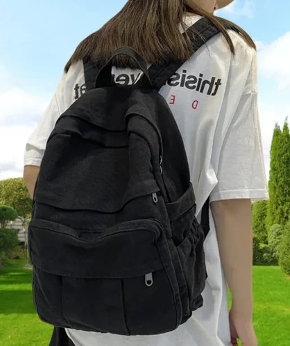 Miniatura 5 de Mochila de lona para mujer, mochila estética retro, mochila básica para estudiantes de secundaria/universidad, bolsa de viaje para laptop, Negro