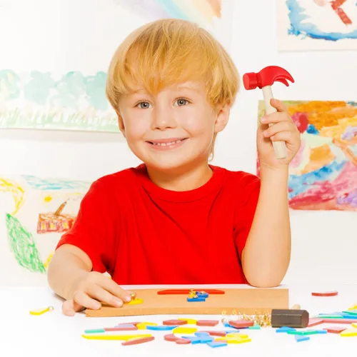 Miniatura 6 de Fowecelt Juguetes de martillo de madera, martillos de simulación, herramientas de mantenimiento, juguetes educativos para niños, suministros de Rojo