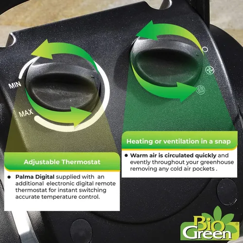 Miniatura 5 de BioGreen Calentador Eléctrico de Invernadero y Ventilador con Termostato Digital PALMA 1500 Vatios, 5100 BTU/hr 5800 ft³/h Circulación de Aire