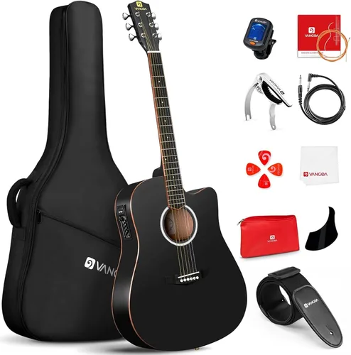 Miniatura 9 de Kit de guitarra electroacústica Vangoa para zurdos, tamaño completo, para principiantes adultos, con EQ de 4 bandas incorporado, bolsa, afinador