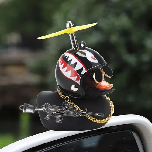 Miniatura 6 de wonuu Adornos de pato de goma para tablero de automóvil, juego de decoraciones de pato rosa con casco de hélice, lentes de sol, cadena dorada