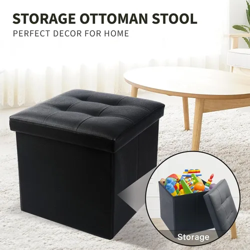 Miniatura 7 de LotFancy Otomana de almacenamiento, taburete plegable para reposapiés, banco pequeño de cuero de 13 x 12 x 12 pulgadas con almacenamiento, soporta