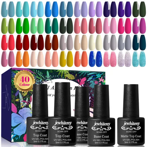 Miniatura 8 de JEWHITENY Juego de 30 esmaltes de uñas de 27 colores, verde, azul, rosa, naranja, Gitter Sock Off Gel Polish con capa base superior mate y brillante