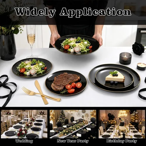 Miniatura 9 de YOUBET 125 piezas de platos de plástico negros y dorados - Platos desechables negros con borde dorado - Incluye 25 platos de cena, 25 platos