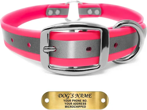 Regal Dog Products Collar de Perro Reflectante Rosa Grande con Placa de Nombre Grabada Personalizada y Anillo Central de Servicio Pesado | Collares
