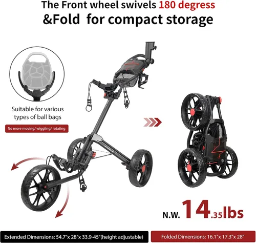 Miniatura 5 de Caddytek CaddyLite 15.3 V2 - Carrito de golf para empujar, ligero, plegable, de aluminio con ruedas EVA, freno de pie, mango ajustable, soporte