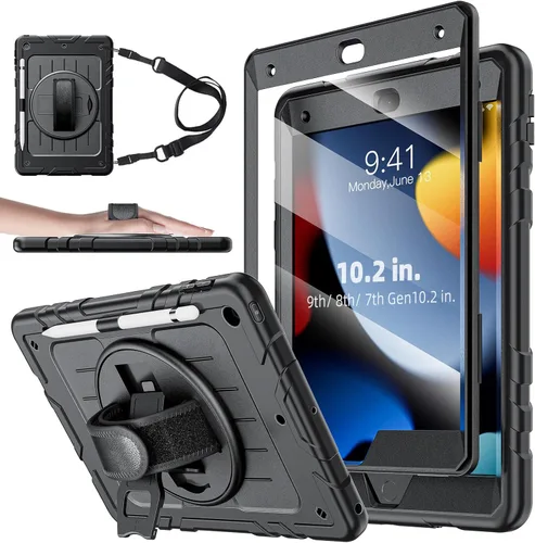 Funda para iPad de 9ª/8ª/7ª generación, protector de pantalla integrado, con soporte para lápiz y correa de mano giratoria de 360°, correa para el