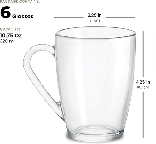 Miniatura 3 de Bormioli Rocco Juego de tazas de café de cristal, (paquete de 6) de 10¾ onzas con mango cómodo, vasos de té para bebidas calientes/frías