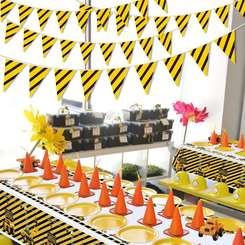 Miniatura 4 de Paquete de 5 banderines de construcción – Bandera temática de camión volquete para niños, decoración de banderines triangulares para fiesta