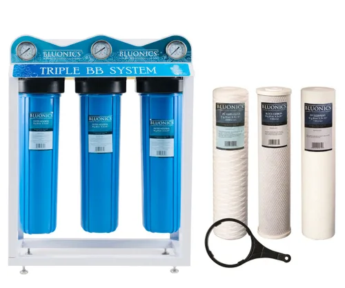Bluonics Whole House - Filtro de agua de 3 etapas para el hogar, tamaño 4.5 x 20 pulgadas, filtros para óxido, hierro, arena, suciedad, sedimentos,