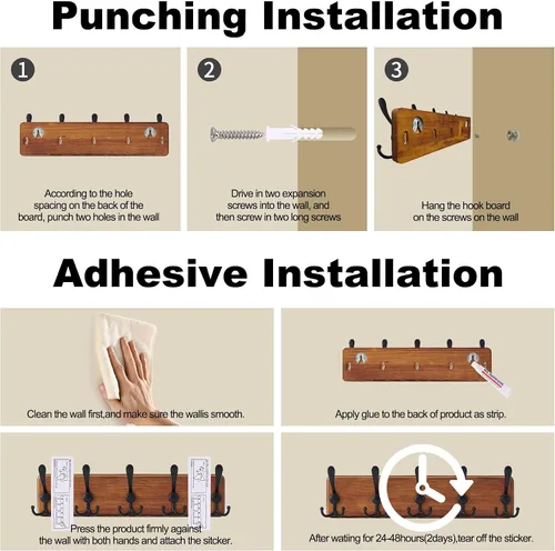 Miniatura 7 de Perchero de madera rústica con 5 ganchos, soporte de pared resistente para colgar chaquetas (marrón)