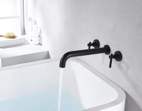 Miniatura 4 de Llenador de Bañera de Montaje en Pared Negro Mate Grifo de Bañera de Alto Flujo Dos Manijas Latón Sólido, Alcance de Caño Largo, sumerain
