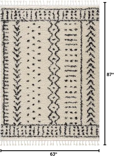 Miniatura 142 de Hauteloom, Duncans - Alfombra de estilo granja de pelo mullido para sala y dormitorio, con borlas - Beige, carbón, gris - 2 pies 7 pulgadas x 7 pies