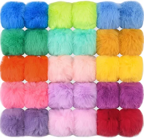 BQTQ 30 pompones de piel sintética con lazo elástico, pompones esponjosos de piel de conejo sintética para sombreros, bufandas, guantes, bolsas,