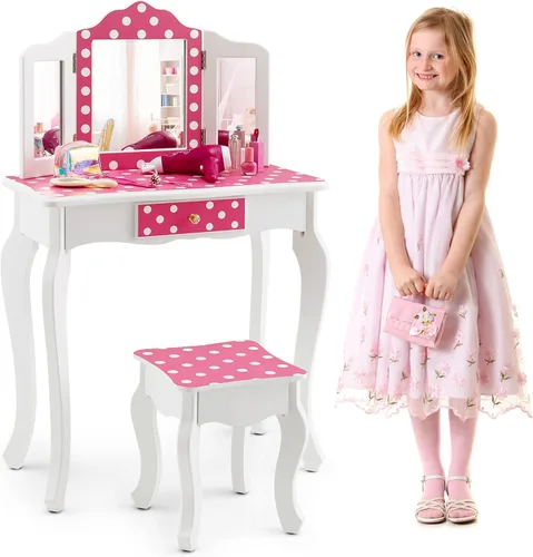 Miniatura 10 de GLACER Vanity - Tocador de maquillaje 2 en 1 con parte superior desmontable, espejo de tres pliegues, cajón, taburete, juego de mesa y silla