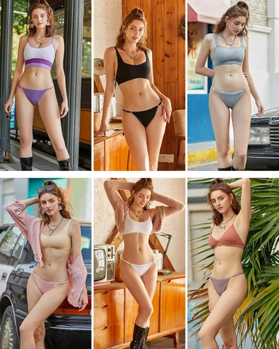 Miniatura 5 de FINETOO Tangas ajustables para mujer, ropa interior de algodón de baja altura con espalda en T, tangas sexy con ribete de encaje, transpirable