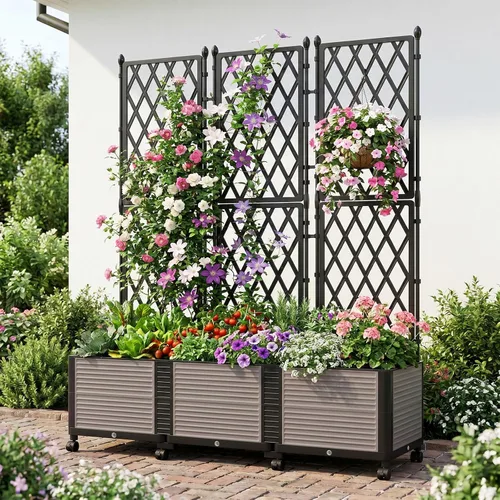 Macetero elevado para cama de jardín con enrejado, macetas de tomate de 63 pulgadas de alto para plantas trepadoras, vegetales, flores de vid, jaula