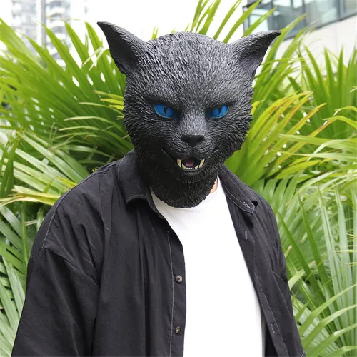 Miniatura 4 de NA - Máscara realista de látex de cabeza completa para gato, máscara de animal de terror, máscara de gato negro para Halloween, Navidad, accesorios