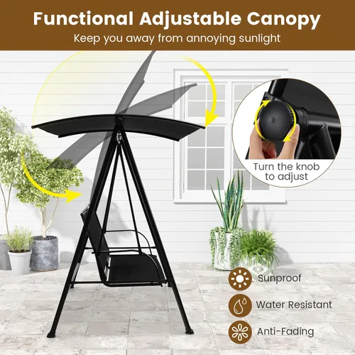 Miniatura 3 de HAPPYGRILL Columpio para exteriores para 2 personas con toldo, silla de columpio para porche de patio con marco de metal resistente, tela de asiento
