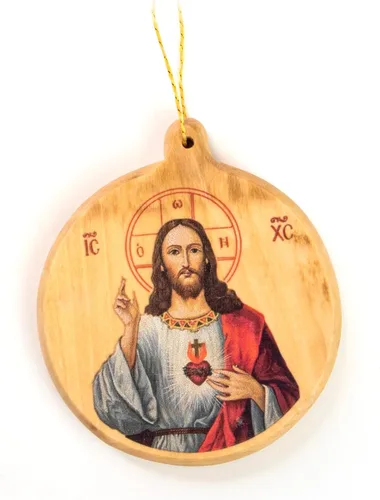 Miniatura 8 de Adornos de Navidad católicos – Sagrada Familia Bizantina Icono Redondo Adornos de Madera de Olivo de Tierra Santa – Pequeños adornos de Navidad