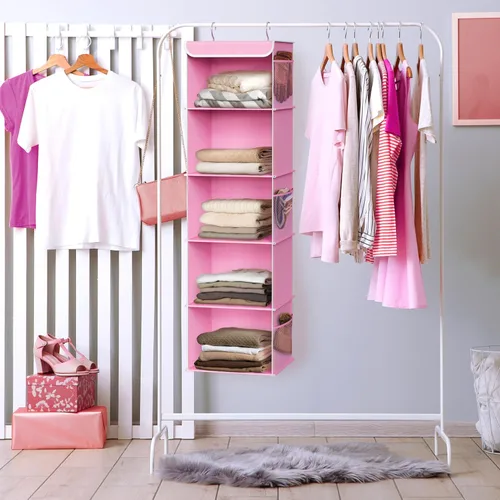 Miniatura 5 de Simple Houseware Organizador de armario colgante de 5 estantes, color rosa