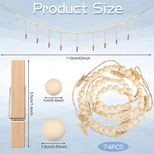 Miniatura 2 de Jetec - Guirnalda de fotos con clips, guirnalda de cuentas de madera bohemia de 4 pies para colgar fotos, soporte para fotos para dormitorio