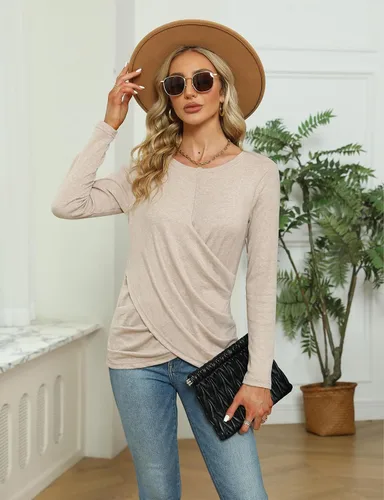 Miniatura 2 de Blusa con cuello en V, manga larga y nudo trenzado para mujer, diseño cómodo, holgado e informal