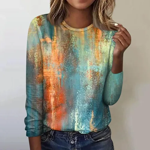 Miniatura 3 de Camisetas de talla grande para mujer, con estampado casual de moda, manga larga, cuello redondo, con solapa, cómodas, camisetas