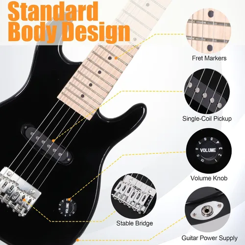 Miniatura 3 de ZENY Guitarra eléctrica para niños de 30 pulgadas con amplificador de 5 W, bolso de concierto, correa, cable, cuerdas y púas, kit de accesorios Negro