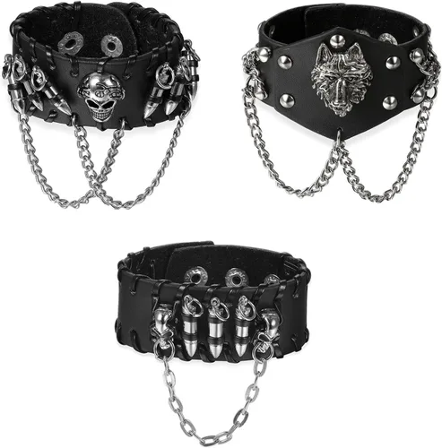 Aroncent 3 pulseras con tachuelas de pinchos: juego de pulseras de correa ancha para motociclista de rock, pulsera ajustable de cuero con pinchos,