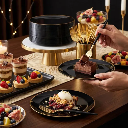 Miniatura 6 de I00000 Juego de 144 platos de postre negros y dorados, incluye 72 platos de plástico negro y dorado de 7.5 pulgadas y 72 tenedores desechables