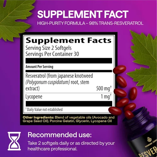 Miniatura 4 de WONDER FAMILY Suplemento de resveratrol 500 mg – Complejo orgánico de 98% de resveratrol trans – NAD Resveratrol antioxidantes y suplemento