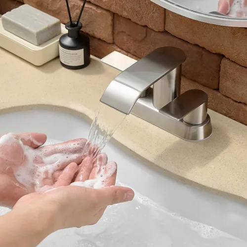 Miniatura 7 de Grifo de lavabo de baño en cascada de 4 pulgadas de níquel cepillado con llave de lavabo de baño con drenaje emergente de 2 o 3 agujeros, grifo