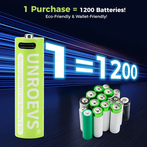Miniatura 7 de UNROEVS Baterías AA de litio recargables USB, 3400 mWh 1.5 V recargable doble A con cable USB-C 2 en 1, carga rápida de 2 horas, más de 1200 ciclos.