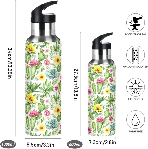 Miniatura 2 de Stainless Steel Vacuum Insulated Water Bottle 20 Oz, Leakproof Water Bottles for Gym Outdoor Travel School, Colorful Watercolor Cacti Succulent