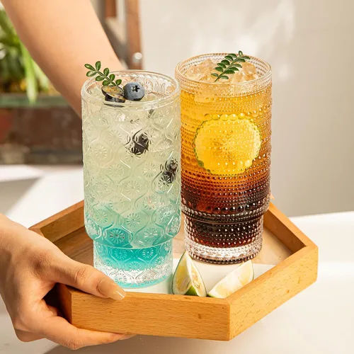 Miniatura 8 de Juego de 4 vasos para beber de 16 onzas, 2 vasos de clavo y 2 copas de agua en relieve, vasos vintage apilables con diseño de flores, vasos de 2